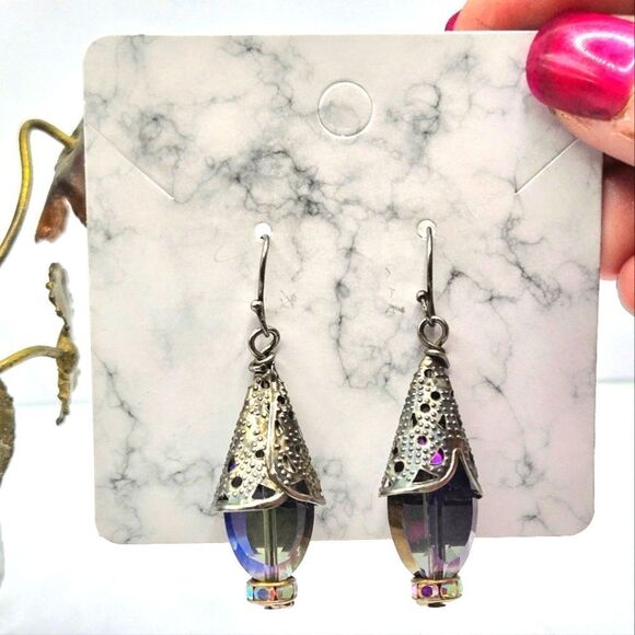 "5/$25" Smokey Purple AB Crystal Silvertone Brutalist Dangle Earrings - Picture 1 of 6